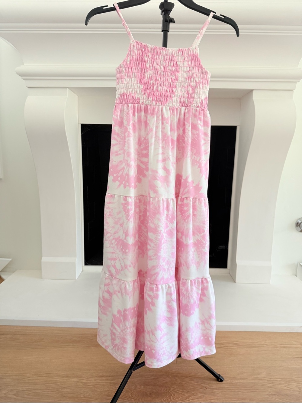 Kids Pink Tie-Dye Smocked Maxi Dress with Adjustable Straps- Girls 7/8